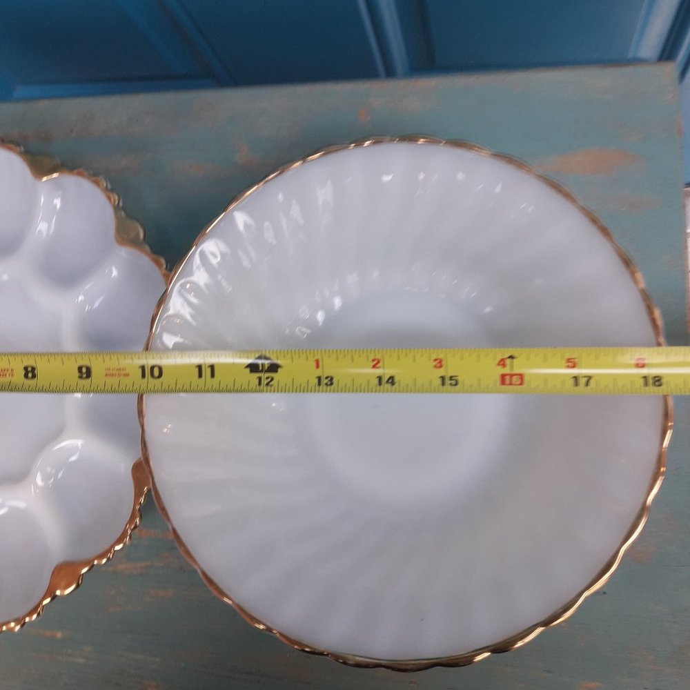 Milk Glass Bowl Egg Dish Set Gold Rimmed Vintage Fire King White Anchor Hocking - Picture 16 of 16
